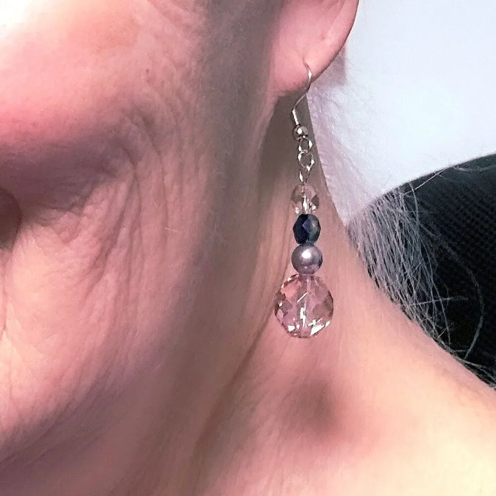 Dangle Earrings for Women, Crystal and Pearl Blue & Pink Handmade Drop Earrings